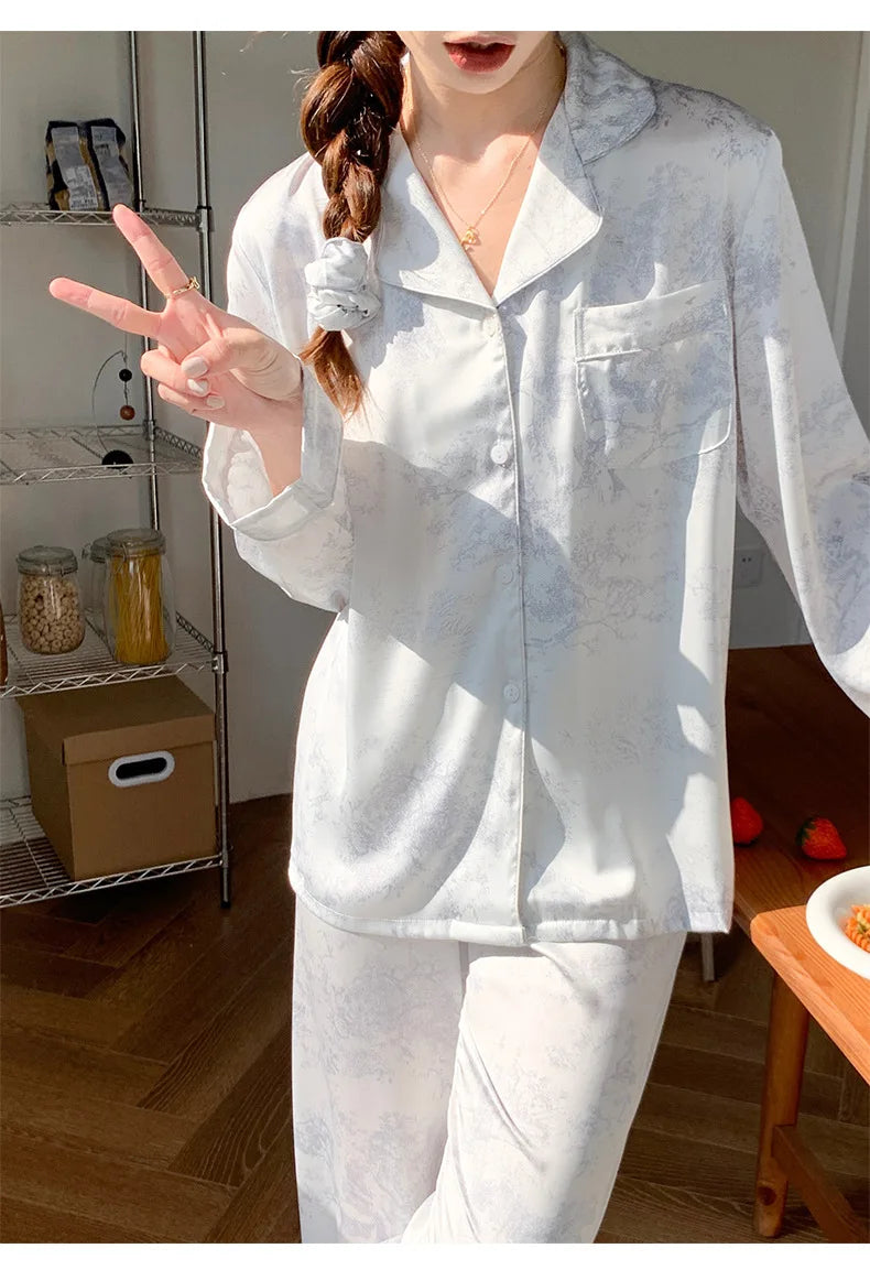 Women Sleepwear 2PCS Pajamas Set Sexy Print Flower Long Sleeve Trouser Suits Loungewear Loose Casual Satin Home Clothes Pyjama