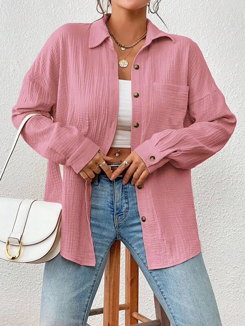 100% Cotton Gauze Muslin Women Shirts Casual Turn Down Collar Long Sleeve Top Office Lady Elegant Blouses for Women Blusas