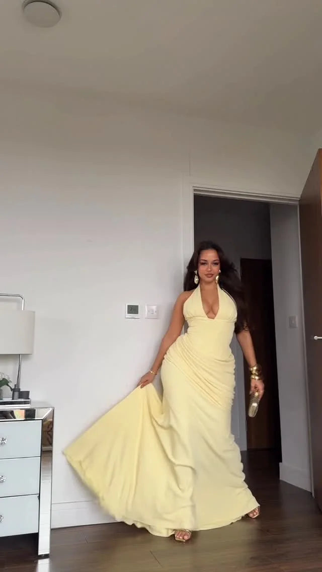 Sexy Yellow Mermaid Maxi Dress Halter Plunging V Neck Pleated Bust Ruched Waist Bodycon Dresses Trendy Social Gathering Vestido