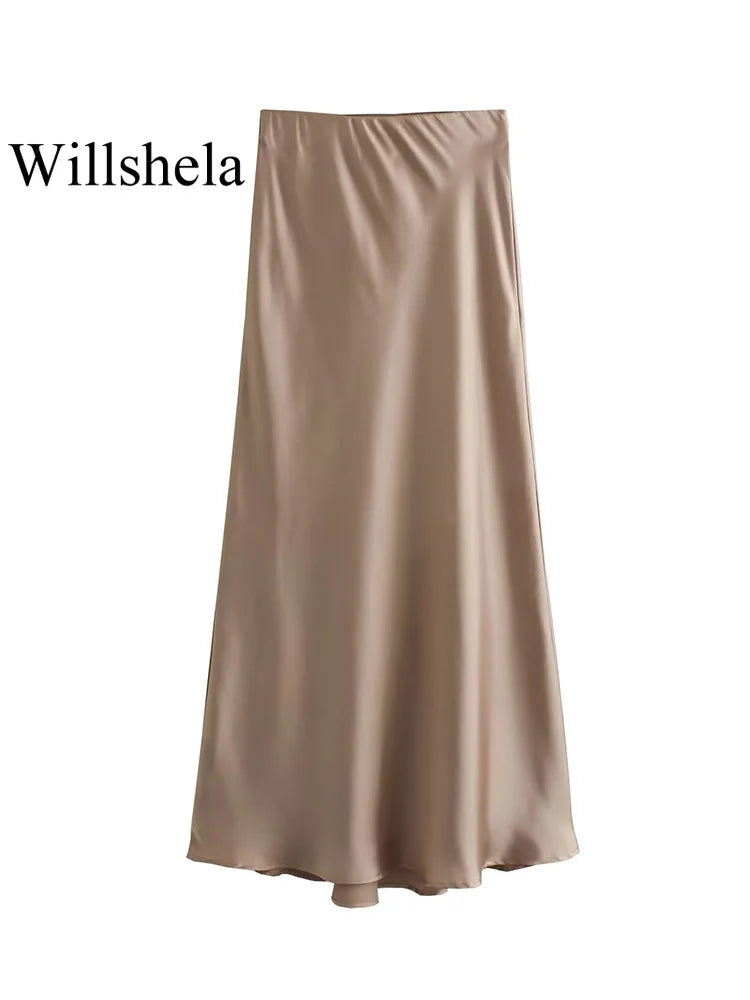 Willshela Black Satin Skirt Woman High Waist Elegant Long Skirts For Women Fashion Summer Midi Skirt Office Women's Skirts