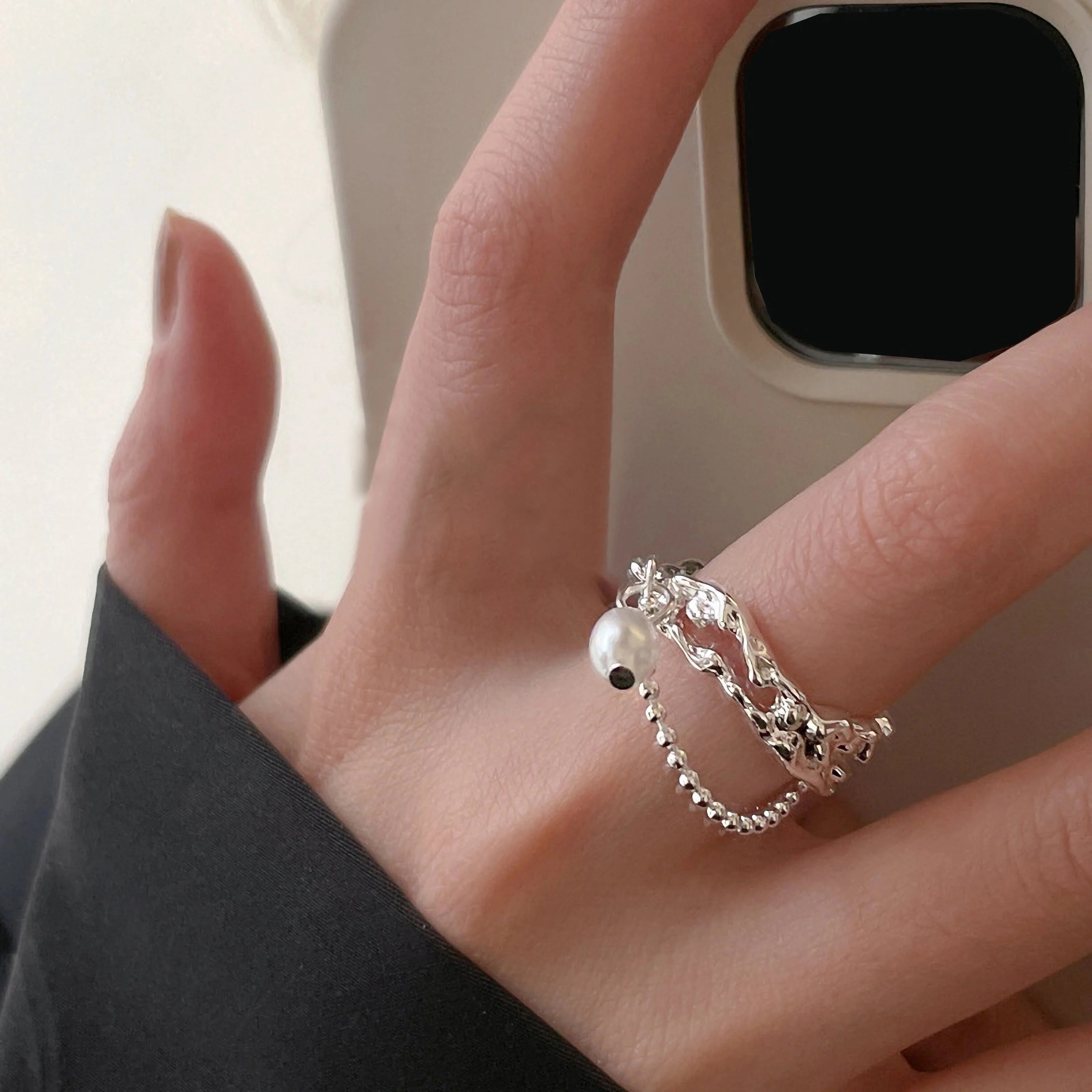 PANJBJ 925 Sterling Silver Pearl Irregular Ring for Women Shell Overlapping Hollow Sweet Design Jewelry Gift Dropshipping