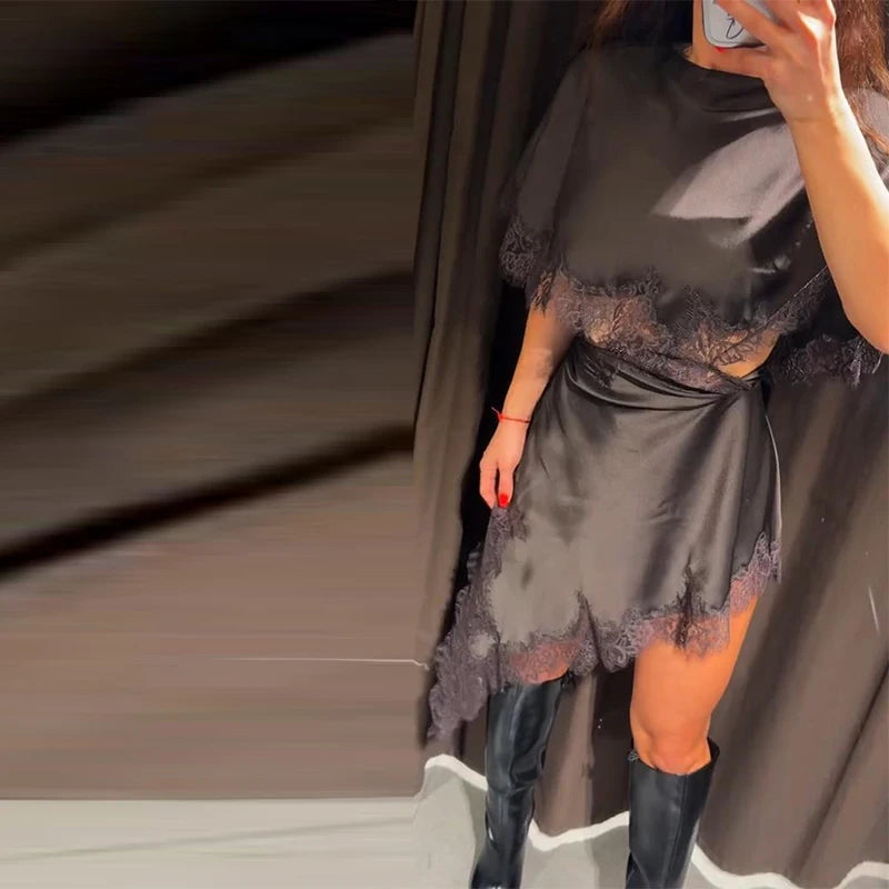 Lace Women's Dress Opening Design Solid Dress Female Sexy O-Neck Hollow Waist Elegant Party Dresses Slanted Hem Dresses Ladies