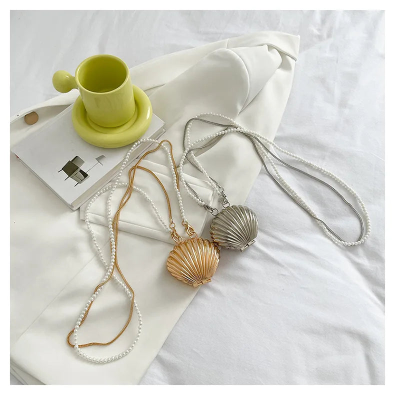 2026 New Summer Lipstick Bags for Women Fashion Pearl Mini Purse Crossbody Bag High Quality Gold Shell Bag Designer Shoulder Bag
