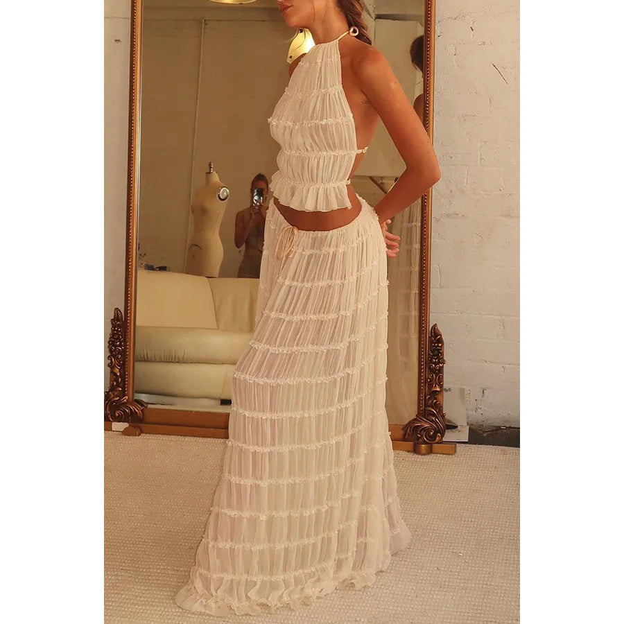 Summer new sexy halter top with exposed back and camisole, pleated lace vest, long skirt set