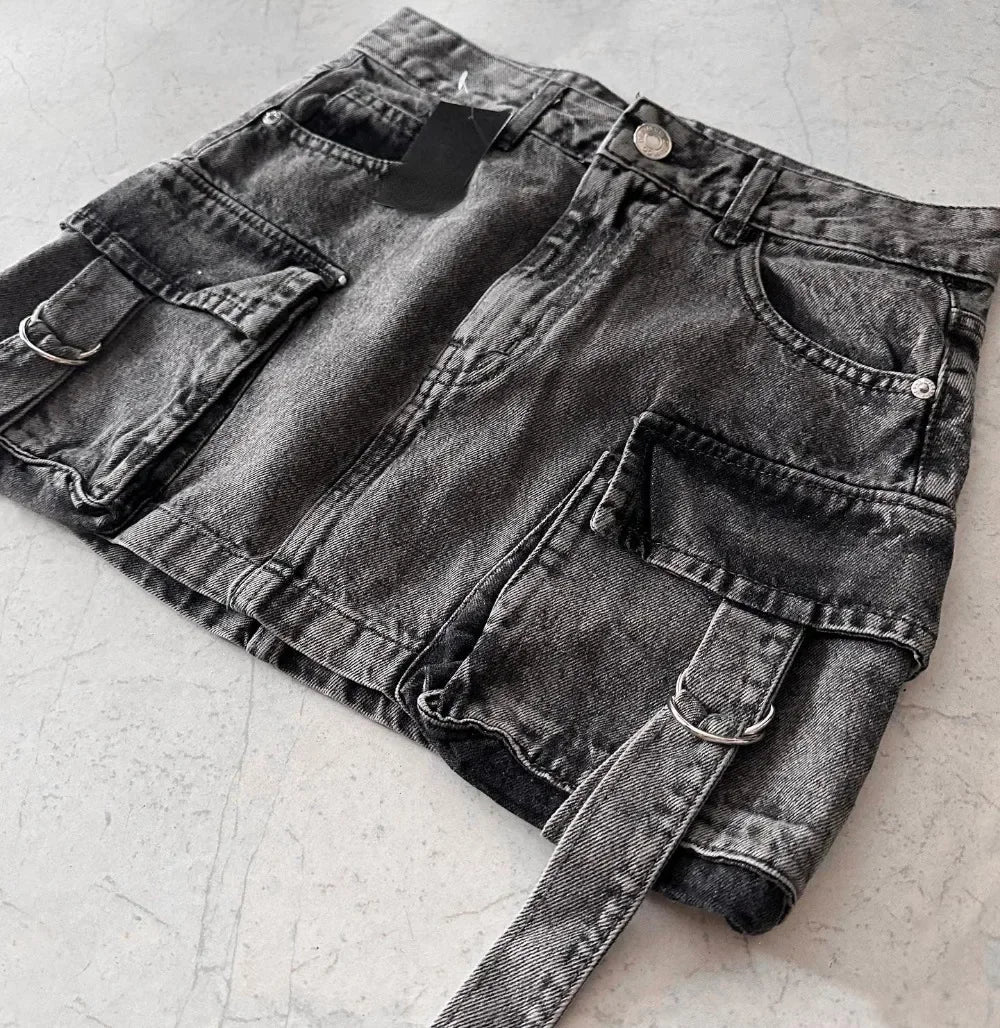 Harajuku Multiple Pockets Denim Plaid Skirt Vintage Goth Black Y2k Mini Skir Fashion Womens Casual Versatile Sexy Streetwear