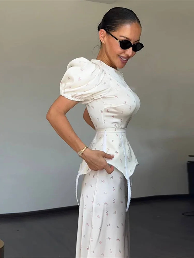Women's White Floral Print Puff Sleeve Dress With Waistband Fashion Satin Ruffled Hem Maxi Dress