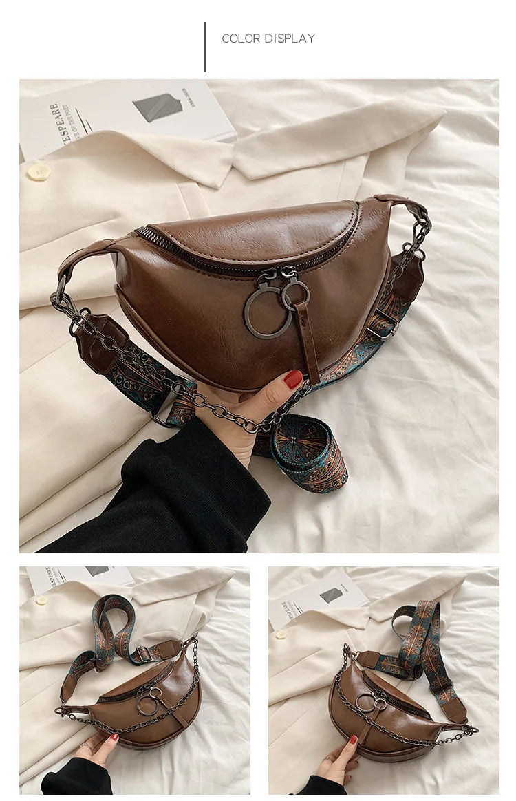 Fashion Saddle Waist Bag Fanny pack Luxury Leather Female Belt Bags Chain Handbag Purse Woman Retro Shoulder Crossbody Chest Bag