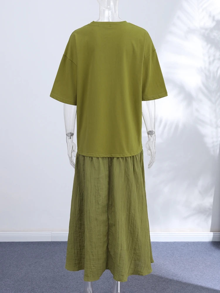 Short Sleeve Patchwork Oversized Long Dress Women Elegant O-neck Pleated Loose Party Evening Dresses Summer Casual Lady Vestidos