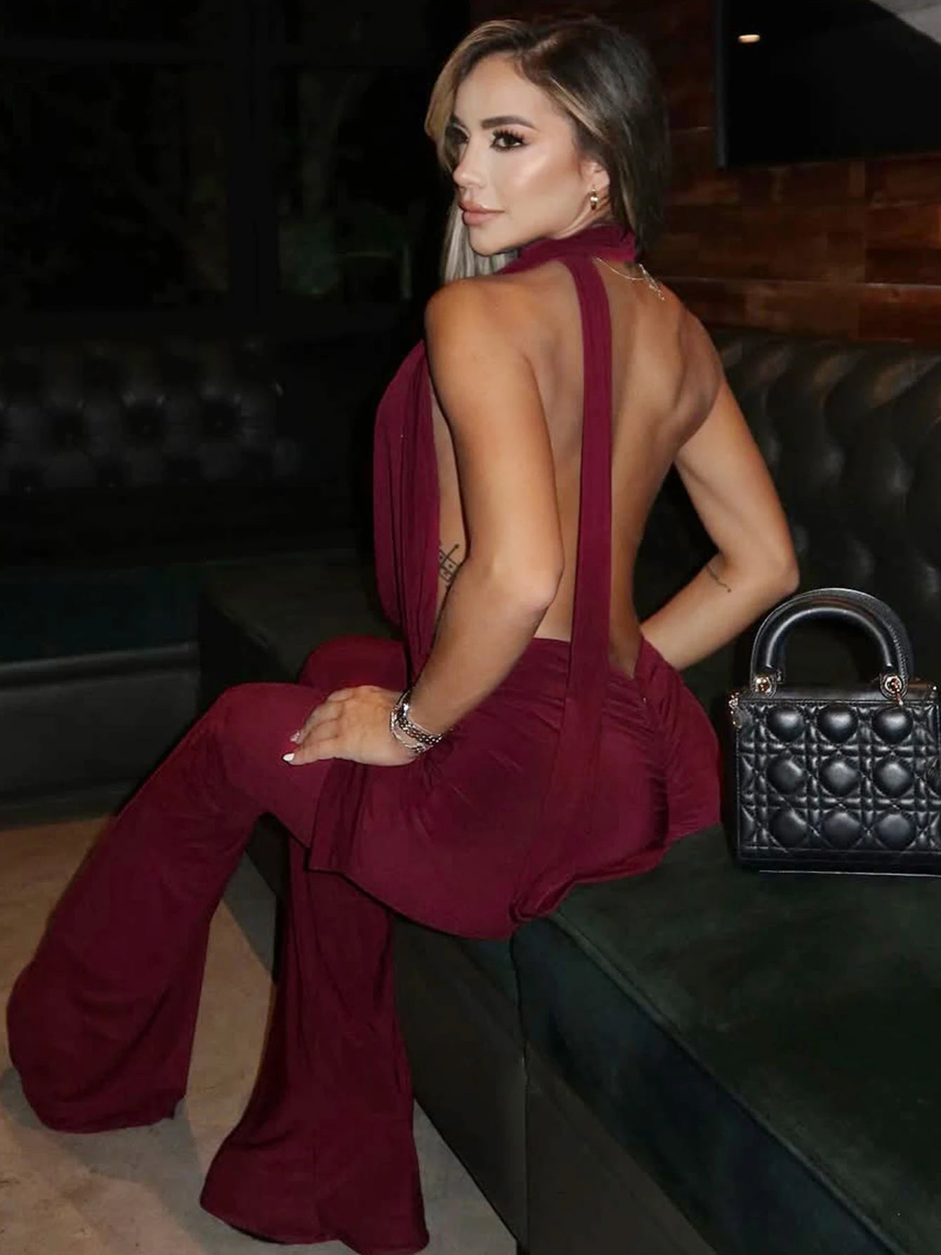 Dulzura Summer Solid Sexy Halter Swinging Collar Backless Slim Lace Up Flared Jumpsuit