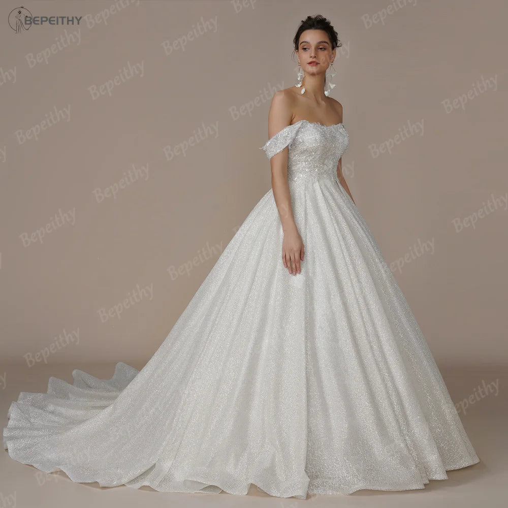 BEPEITHY Customized Luxury Strapless A Line Glitter Wedding Dresses Off The Shoulder Women Ivory Bling-Bling Bride Bridal Gown