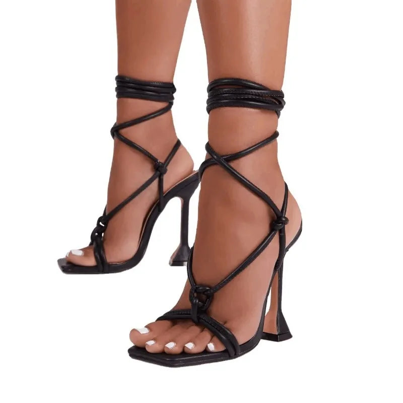 Fashion Sexy Lace Up Women Sandals Square Toe Thin Heel Sandal Shoes Cross Tied Party Pumps High Heels Shoe