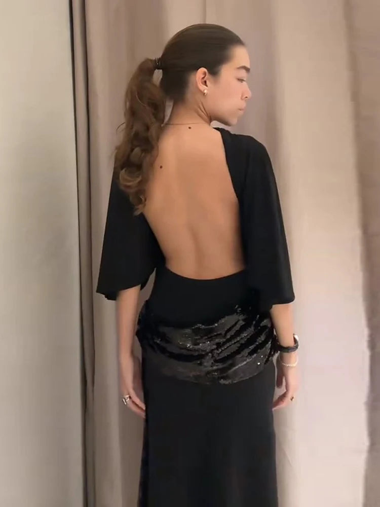Sequined Patchwork Evening Dress Women Sexy Backless Half Sleeve Slim Hip Package Long Dresses Fashion Elegant Party Robes Lady
