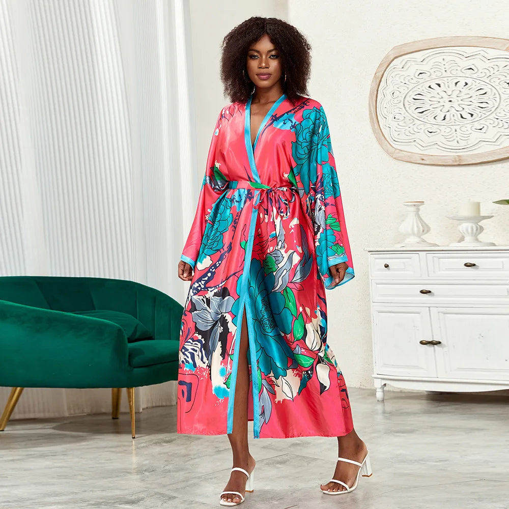 Long Kimono Bath Robe Gown Wide Sleeve Print Flower Robe Women Satin Nightgown New Silk Satin Nightdress V-Neck Lounge Sleepwear