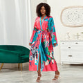 Long Kimono Bath Robe Gown Wide Sleeve Print Flower Robe Women Satin Nightgown New Silk Satin Nightdress V-Neck Lounge Sleepwear