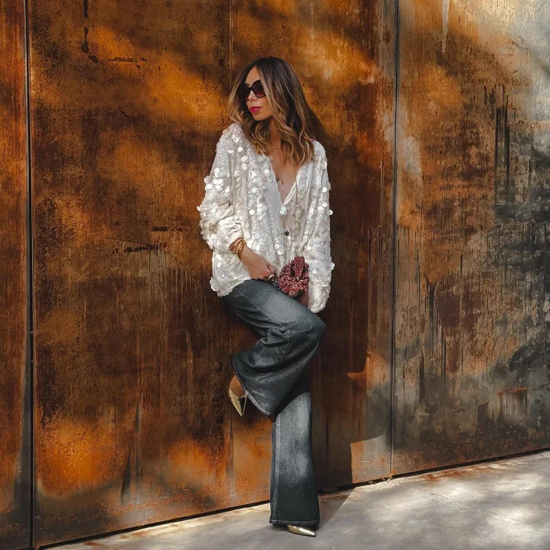 Fashion Women Sequined Lace Up Looseen Shirt Casual Female Long Sleeves V Neck Blouse 2025 Chic Female Spring Commute Streetwear