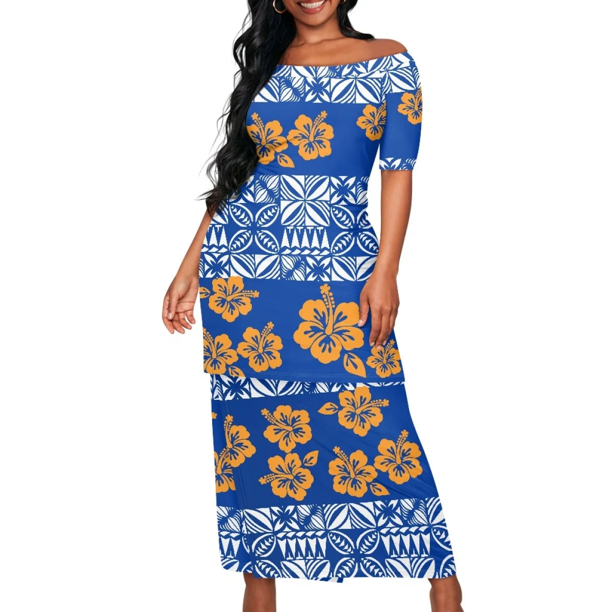 Summer Islander Women Puletasi Samoa Dresses Lady Short Sleeve Off shoulder Two Piece Set Polynesian Tribal Clothing White Print