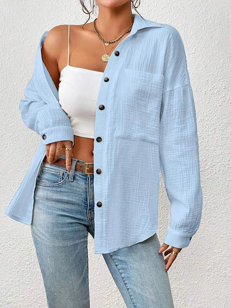 100% Cotton Gauze Muslin Women Shirts Casual Turn Down Collar Long Sleeve Top Office Lady Elegant Blouses for Women Blusas