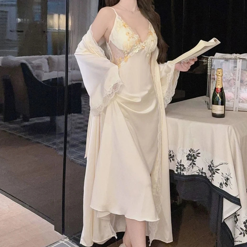 Patchwork Lace Female Long Twinset Robe Set Sexy Lingerie Nightgown Home Dress Elegant Ice Silk Kimono Gown Bathrobe Sleepwear