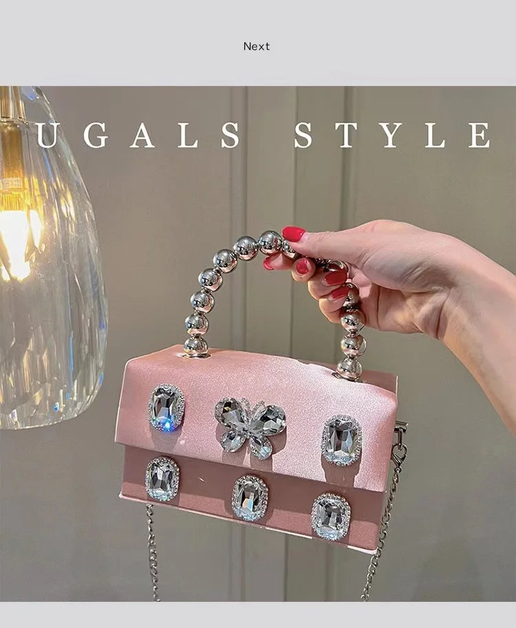Luxury Designer Satin Square Box Crystal Shiny Diamonds Evening Bag Women's Handbag Wedding Party Clutch Purse Crossbody Bag