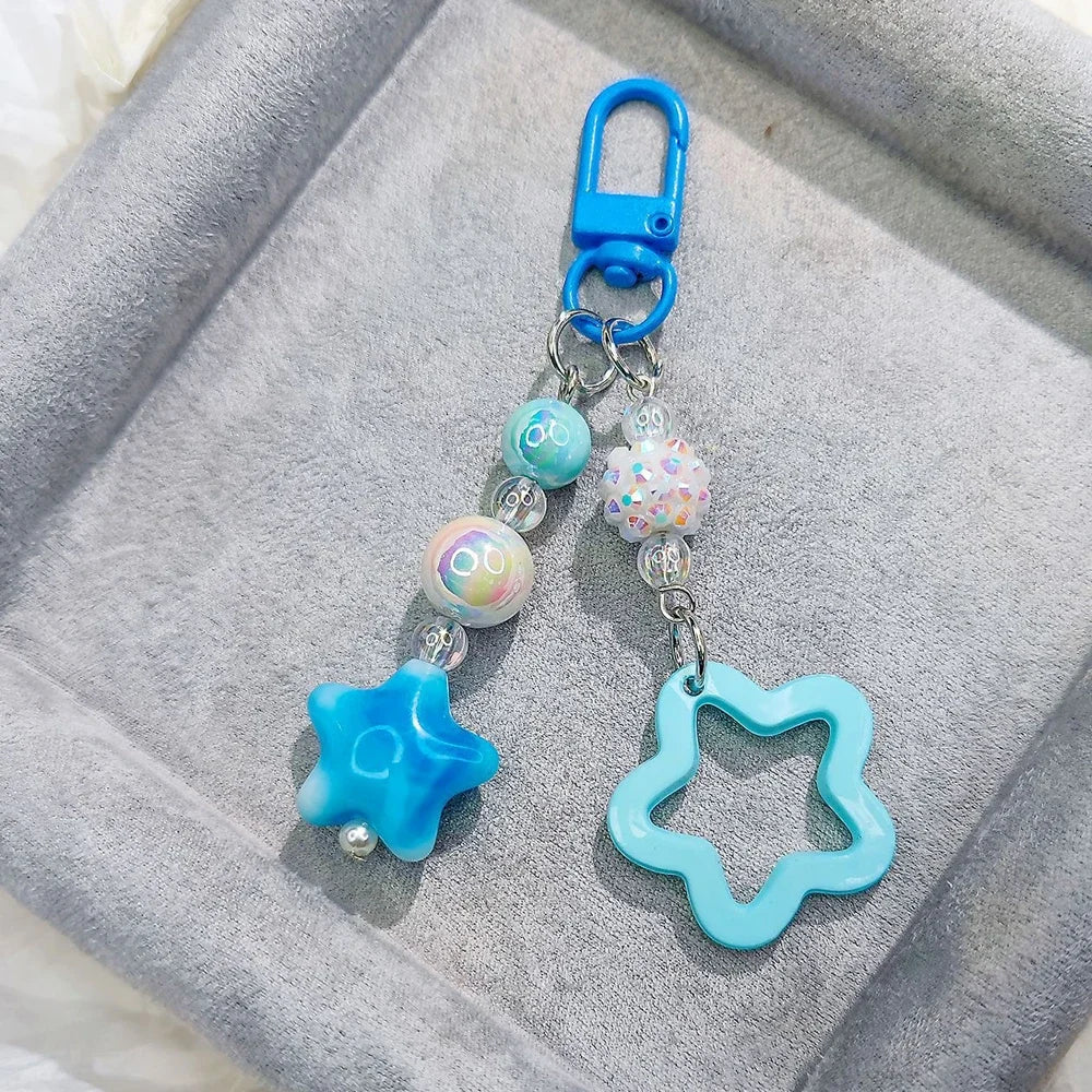 Gradient Color Star Beaded Keychain Imitation Pearl Acrylic Hollow Pentagram Keyring Girls Earphone Case Phone Decor Ornaments