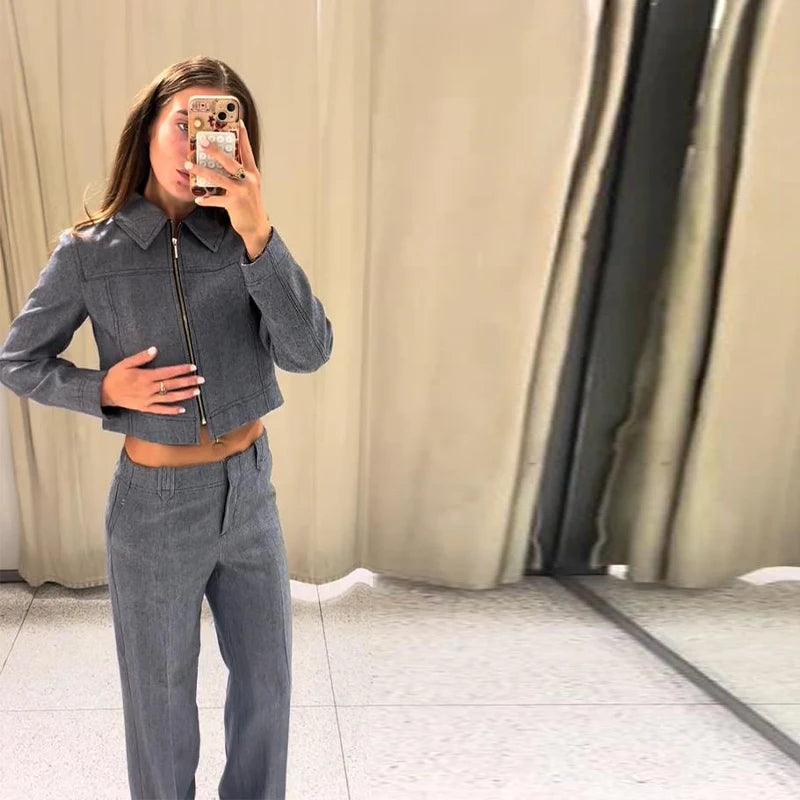 Casual Trousers Set Women Cotton Linen Lapel Zippers Crop Top Straight Pants Sets Lady 2026 Spring Solid Suit Woman Streetwear