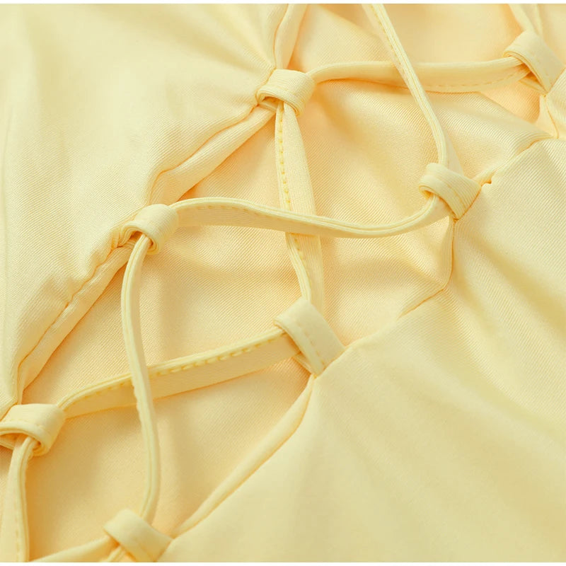Sexy Yellow Mermaid Maxi Dress Halter Plunging V Neck Pleated Bust Ruched Waist Bodycon Dresses Trendy Social Gathering Vestido